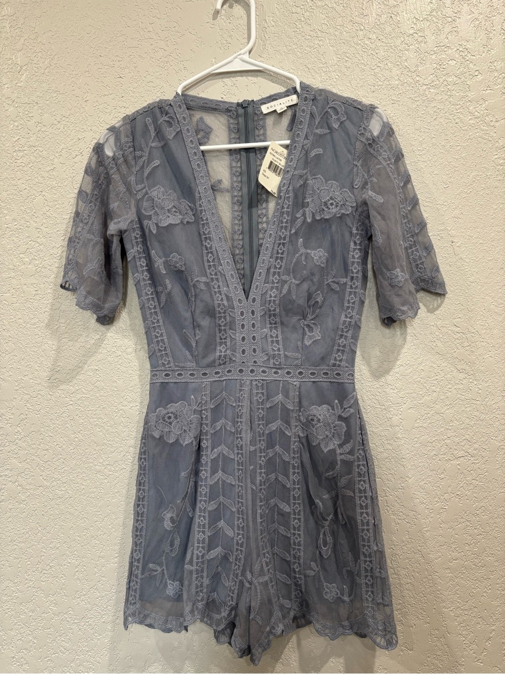Socialite Dusty Blue Lace V-Neck Romper Dress